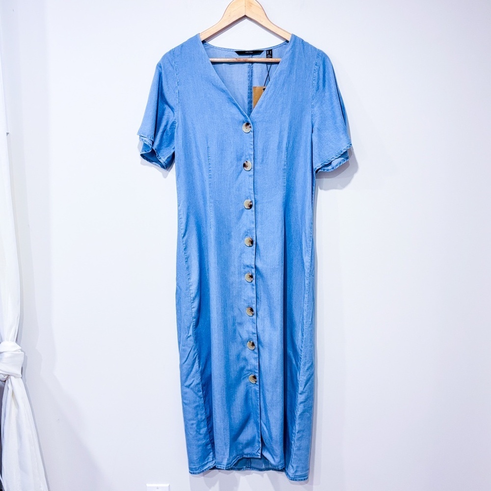VERO MODA Blue Button-Front Midi Dress Lightweight Summer | Medium *